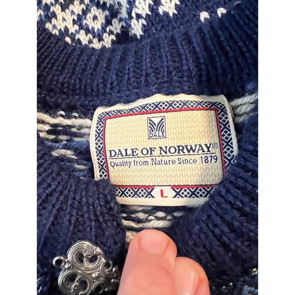 VTG Dale of Norway Women's Navy Blue Fair Isle Nordic Cardigan Wool Sweater L - Picture 5 of 10